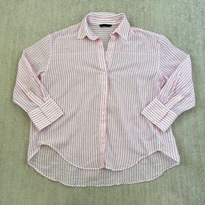 Zara White Pink Cotton Stripe Long Sleeve Button Up Sheer Oversize Blouse Top S